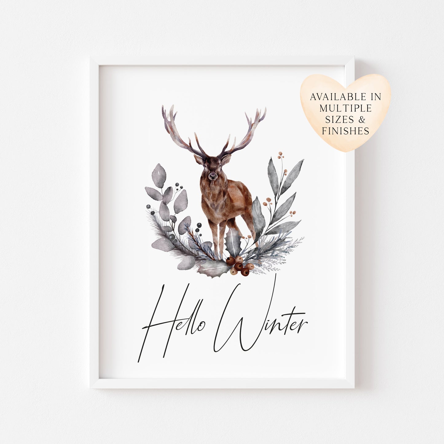 Hello winter Stag floral pine cone wreath bouquet seasonal unframed wall art poster print