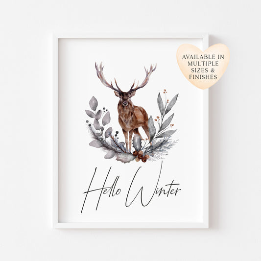 Hello winter Stag floral pine cone wreath bouquet seasonal unframed wall art poster print