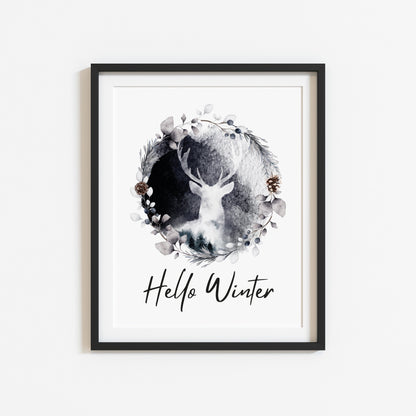 Hello winter black and white Stag floral pine cone wreath seasonal unframed wall art poster print