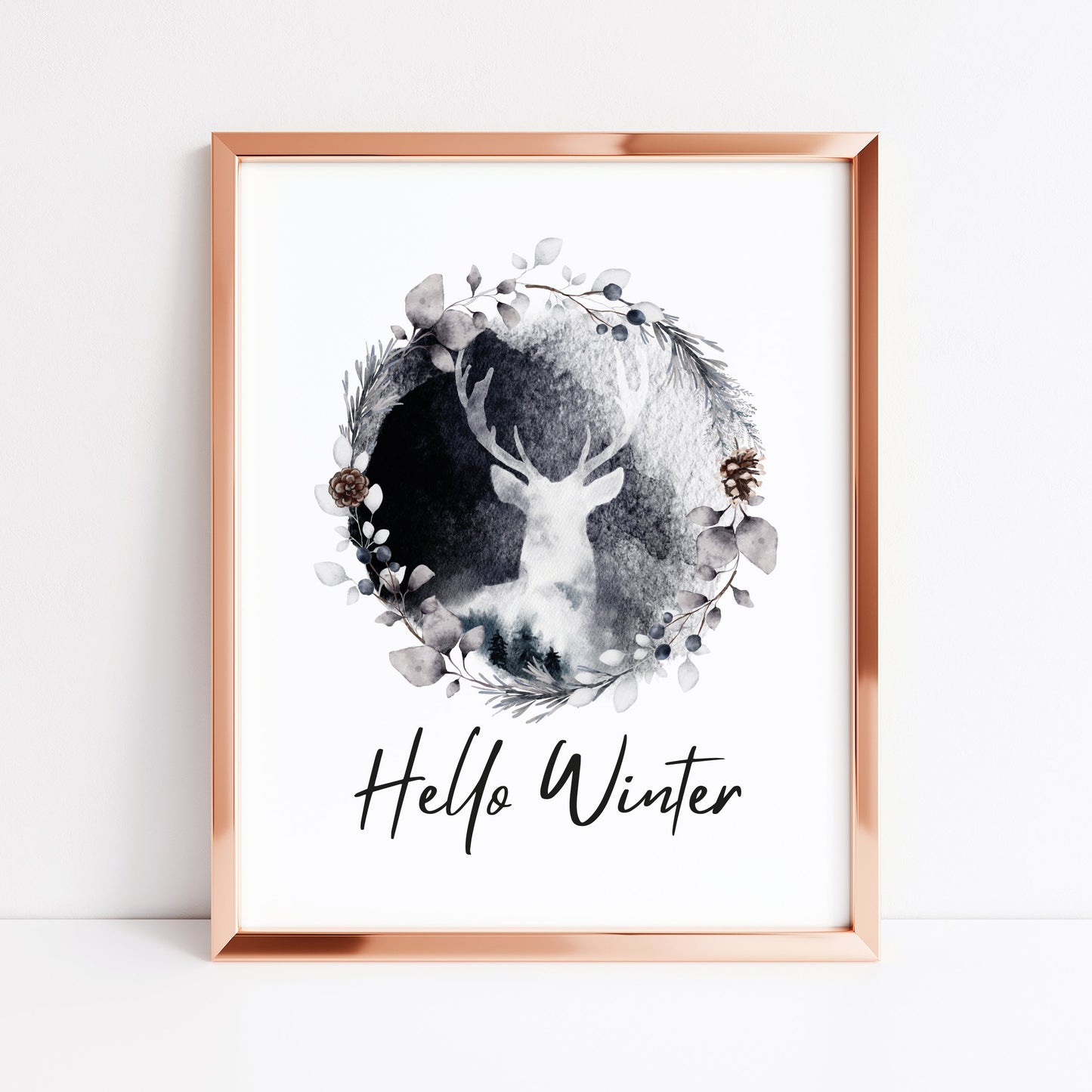Hello winter black and white Stag floral pine cone wreath seasonal unframed wall art poster print