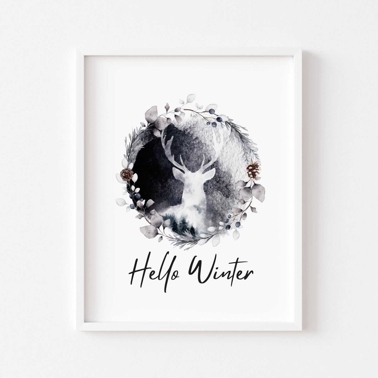 Hello winter black and white Stag floral pine cone wreath seasonal unframed wall art poster print