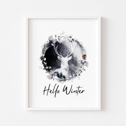 Hello winter black and white Stag floral pine cone wreath seasonal unframed wall art poster print