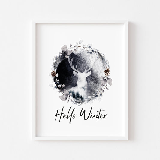 Hello winter black and white Stag floral pine cone wreath seasonal unframed wall art poster print