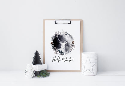 Hello winter black and white Stag floral pine cone wreath seasonal unframed wall art poster print