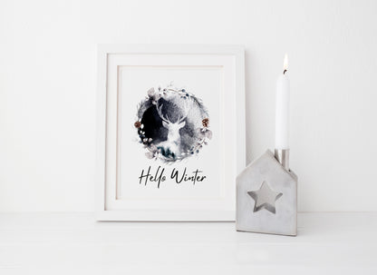 Hello winter black and white Stag floral pine cone wreath seasonal unframed wall art poster print