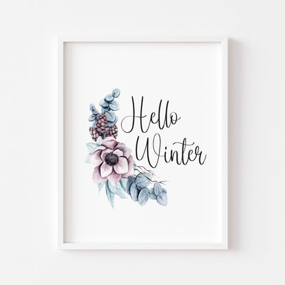 Hello winter seasonal floral bouquet Xmas seasonal unframed wall art poster print