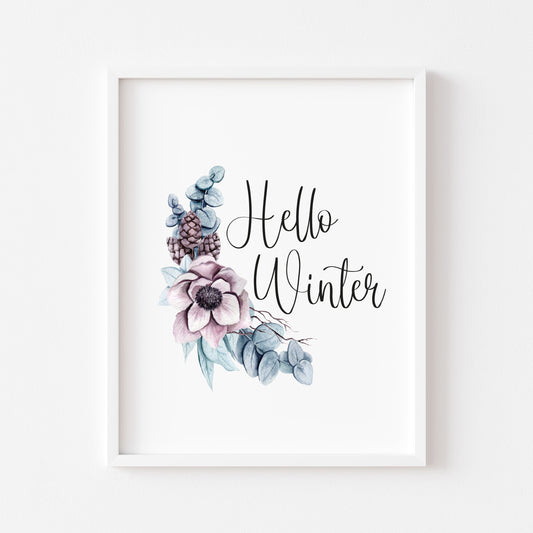 Hello winter seasonal floral bouquet Xmas seasonal unframed wall art poster print
