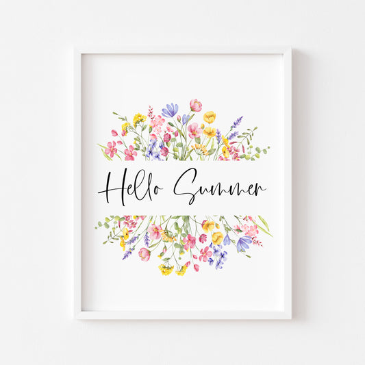 Summer print Hello summer wildflower floral wreath pretty seasonal summer unframed wall art summer print summer home decor, summer art pics