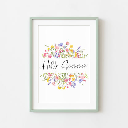 Summer print Hello summer wildflower floral wreath pretty seasonal summer unframed wall art summer print summer home decor, summer art pics