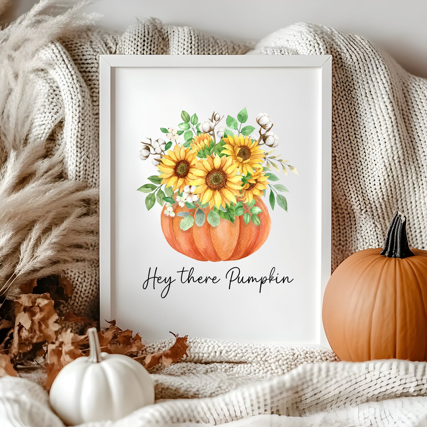 Hello Pumpkin Sunflowers eucalyptus Autumn seasonal fall unframed wall art poster print
