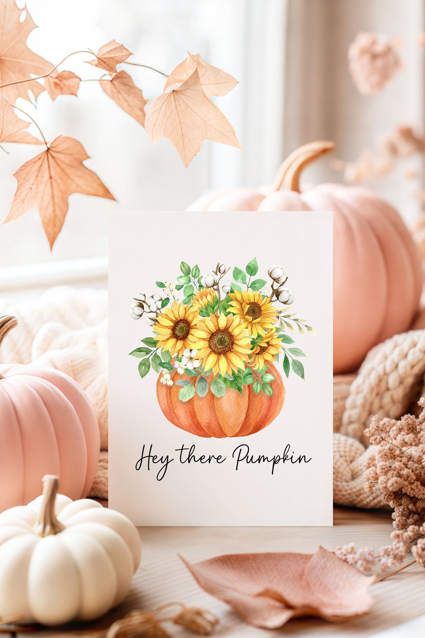 Hello Pumpkin Sunflowers eucalyptus Autumn seasonal fall unframed wall art poster print