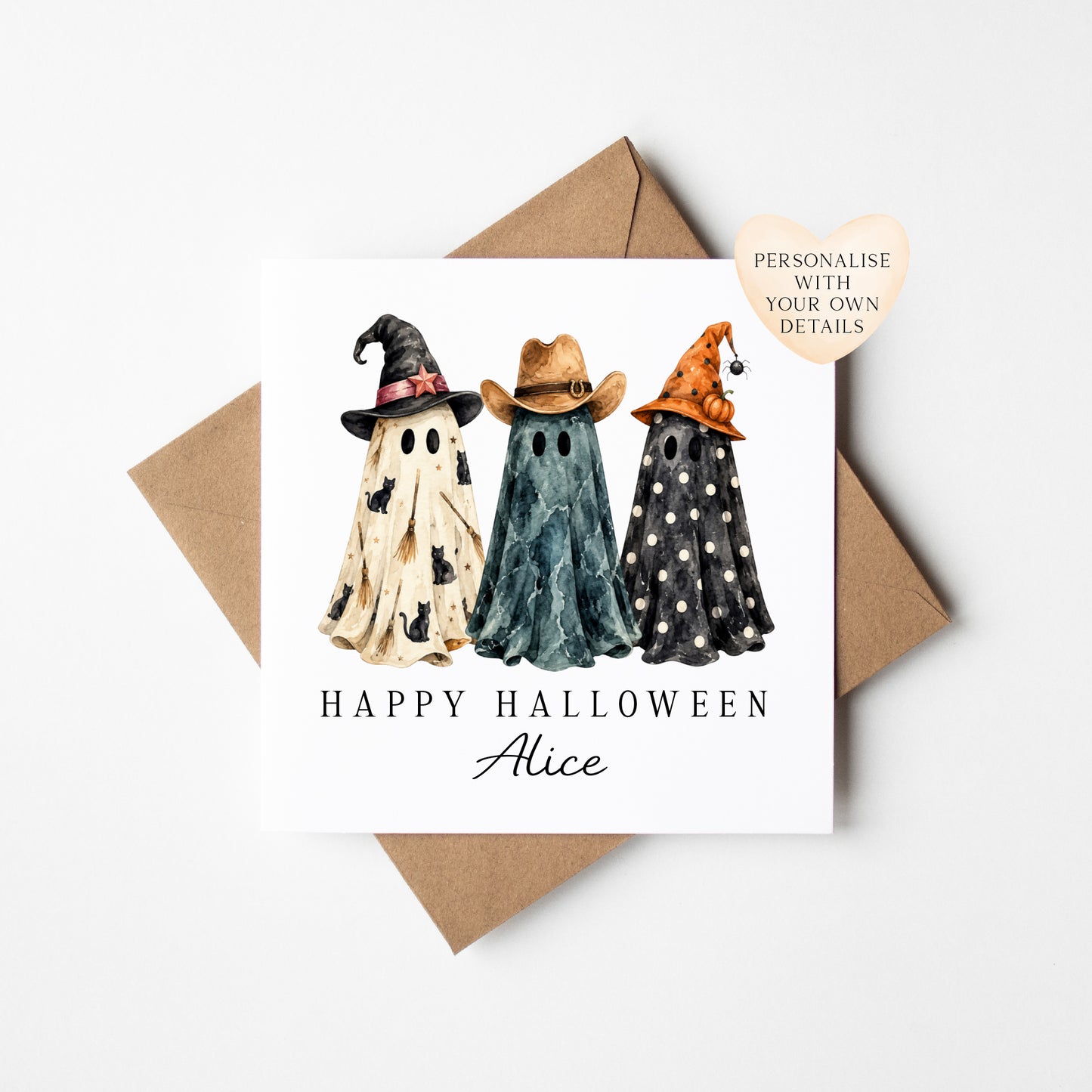 Halloween card Personalised fun spooky ghost trio unique seasonal card with envelope