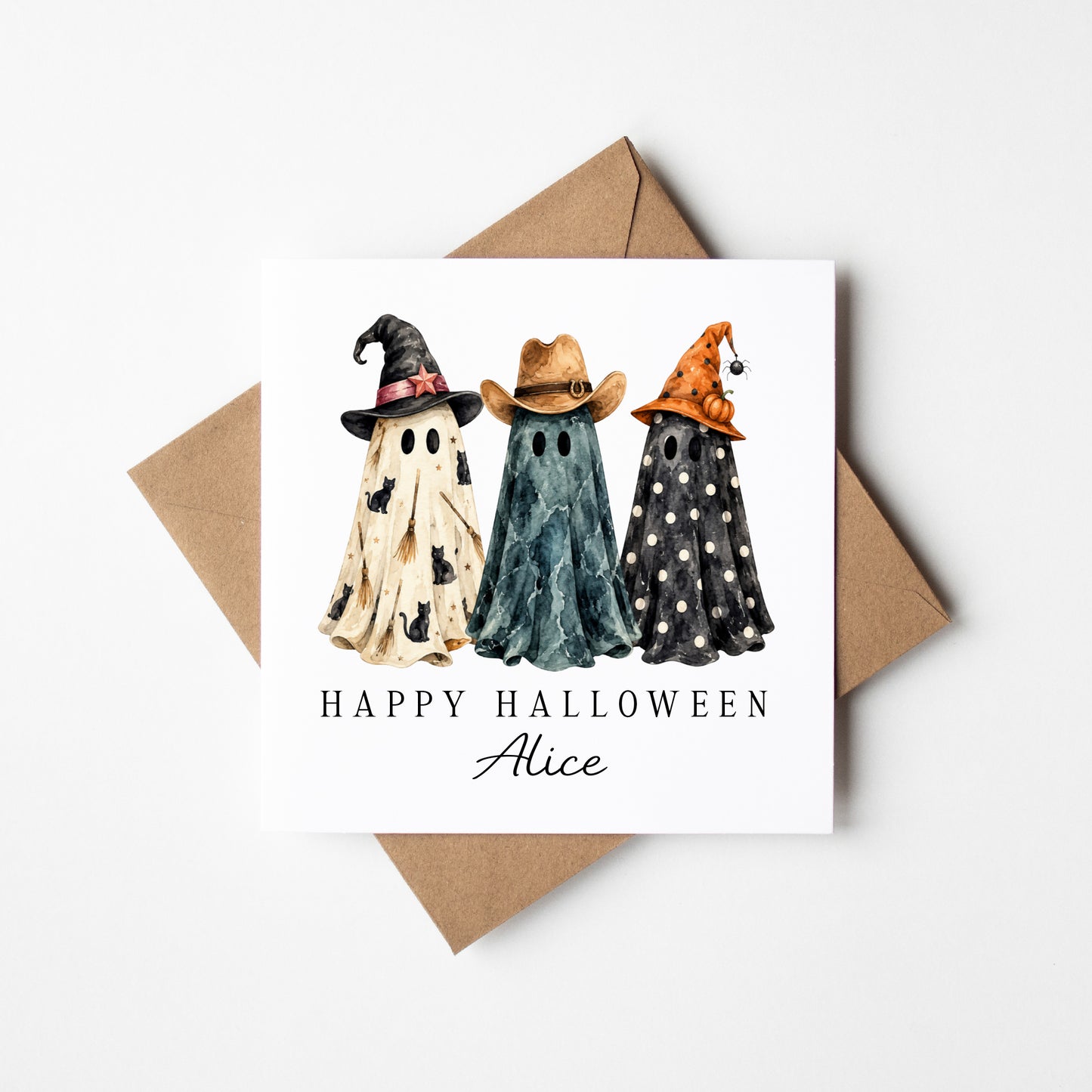 Halloween card Personalised fun spooky ghost trio unique seasonal card with envelope