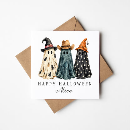 Halloween card Personalised fun spooky ghost trio unique seasonal card with envelope