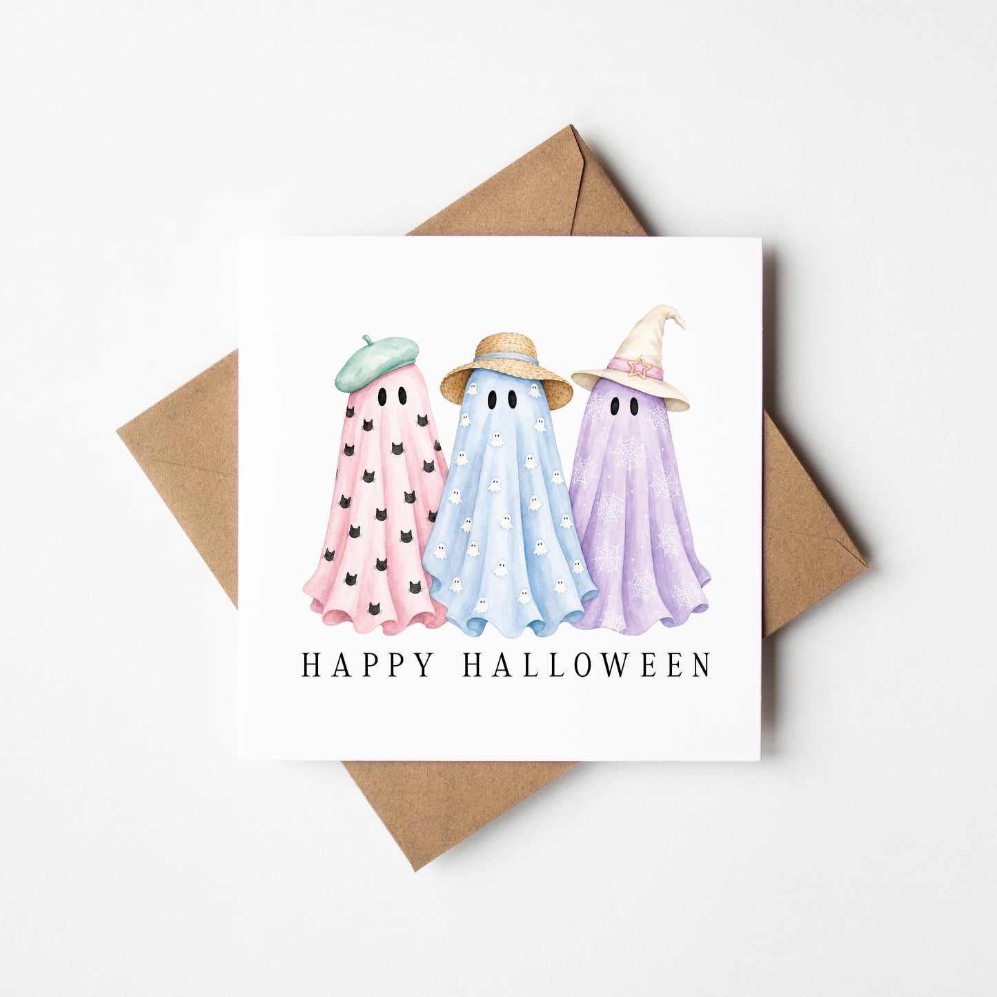 Halloween card Personalised pastel spooky ghost trio unique seasonal card with envelope