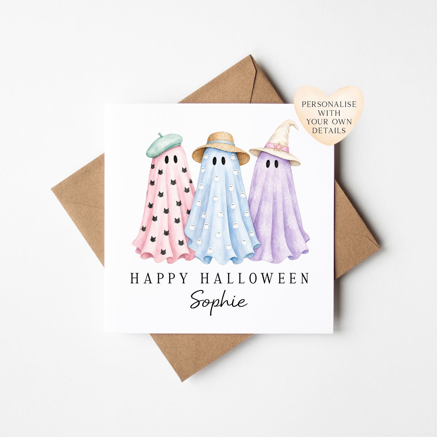Halloween card Personalised pastel spooky ghost trio unique seasonal card with envelope