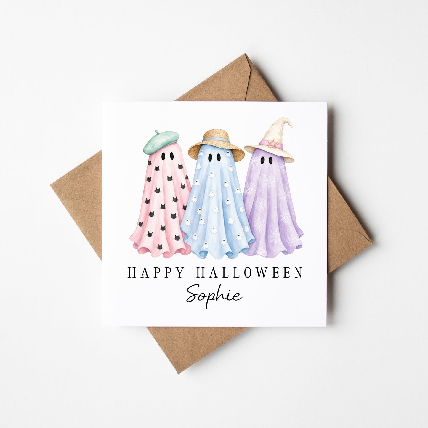 Halloween card Personalised pastel spooky ghost trio unique seasonal card with envelope