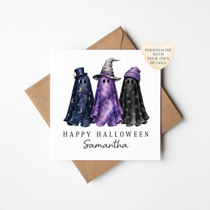 Halloween card Personalised fun spooky ghost trio magical unique seasonal card with envelope