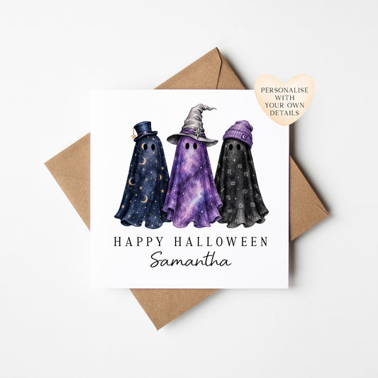 Halloween card Personalised fun spooky ghost trio magical unique seasonal card with envelope