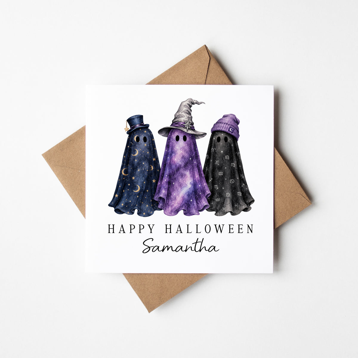 Halloween card Personalised fun spooky ghost trio magical unique seasonal card with envelope
