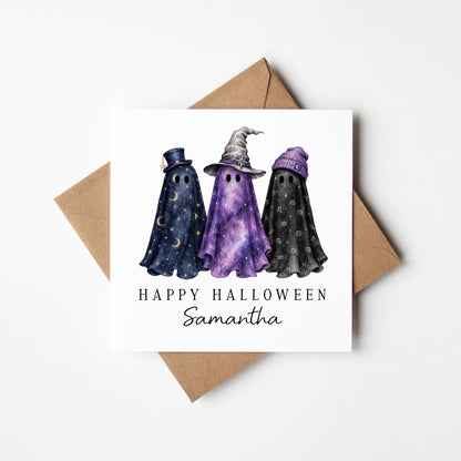Halloween card Personalised fun spooky ghost trio magical unique seasonal card with envelope