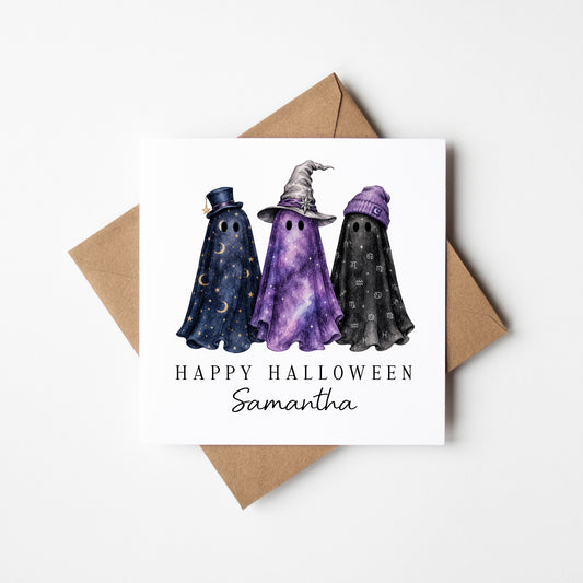 Halloween card Personalised fun spooky ghost trio magical unique seasonal card with envelope