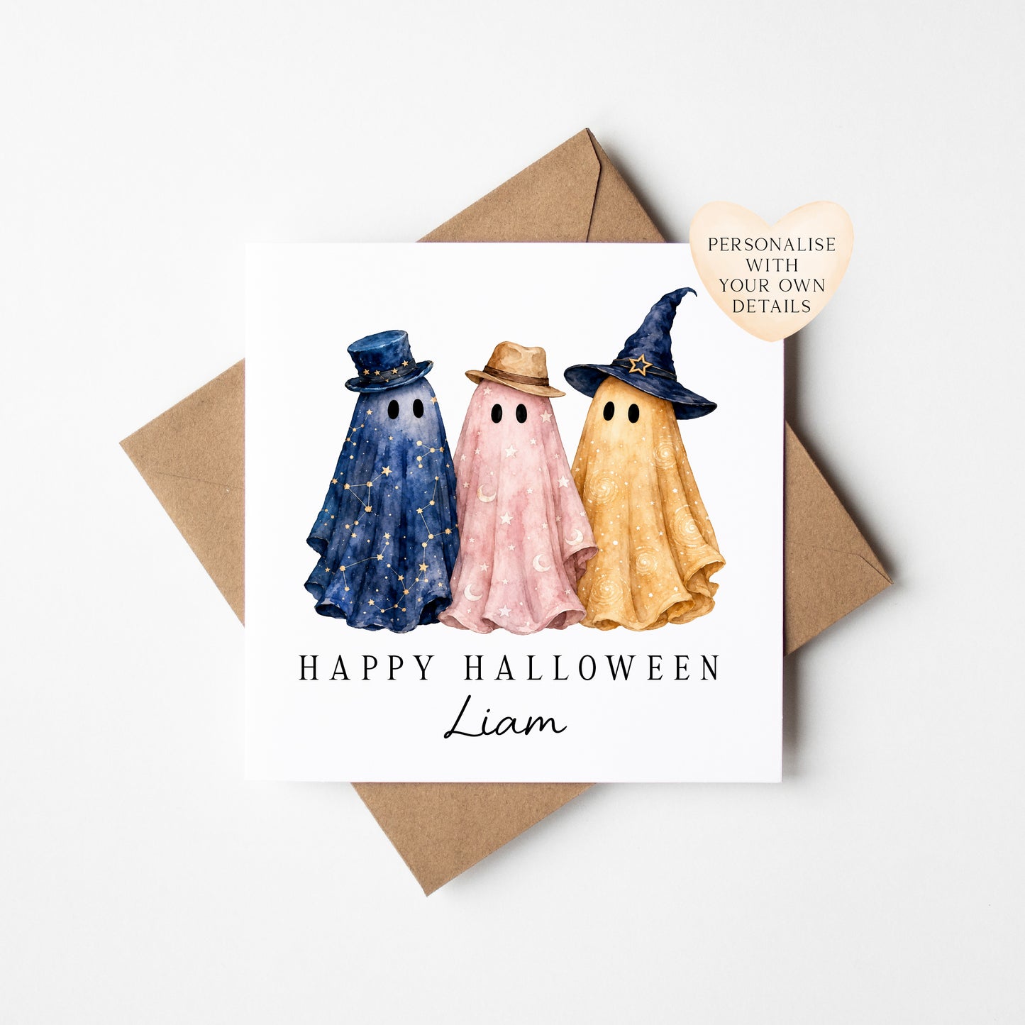 Halloween card Personalised fun spooky ghost trio witchy star sign seasonal card with envelope
