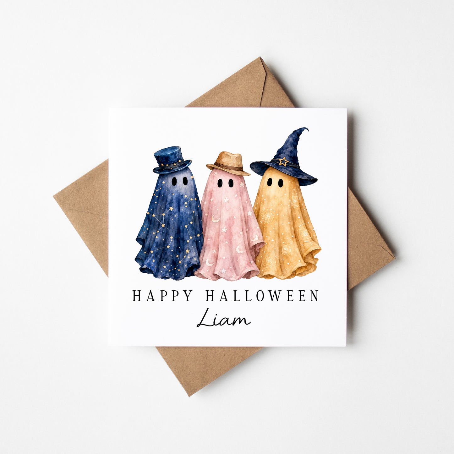 Halloween card Personalised fun spooky ghost trio witchy star sign seasonal card with envelope