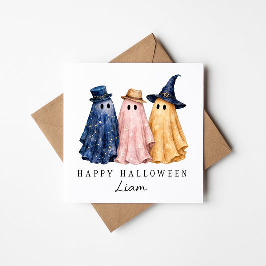 Halloween card Personalised fun spooky ghost trio witchy star sign seasonal card with envelope