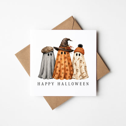 Halloween card Personalised fun retro fall ghost trio unique seasonal card with envelope