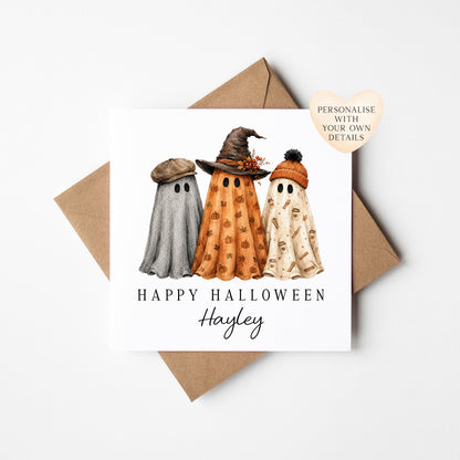 Halloween card Personalised fun retro fall ghost trio unique seasonal card with envelope