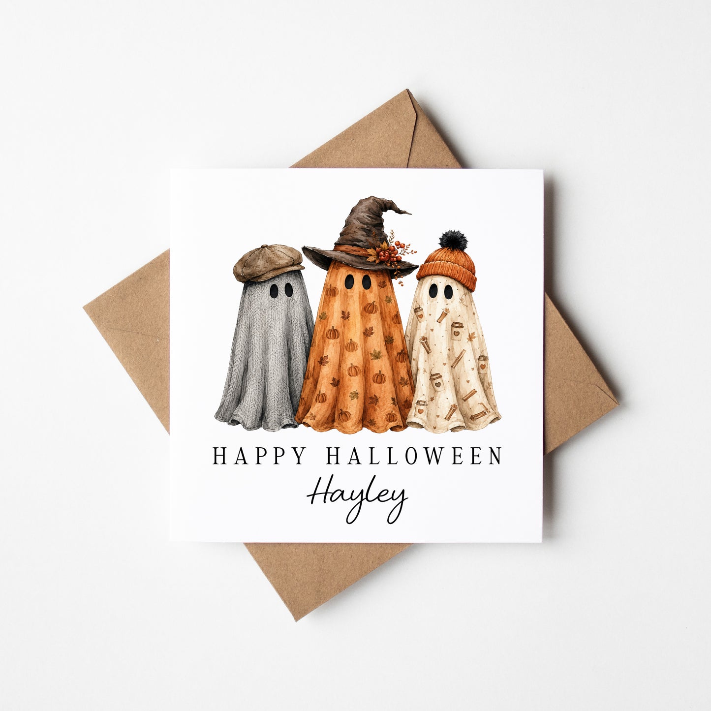 Halloween card Personalised fun retro fall ghost trio unique seasonal card with envelope