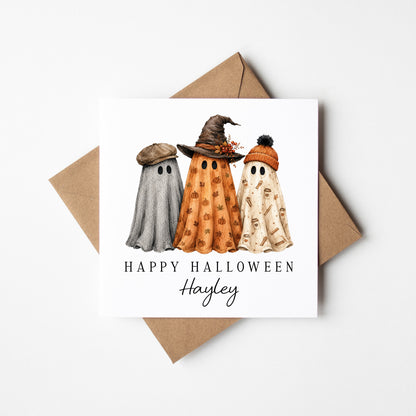 Halloween card Personalised fun retro fall ghost trio unique seasonal card with envelope