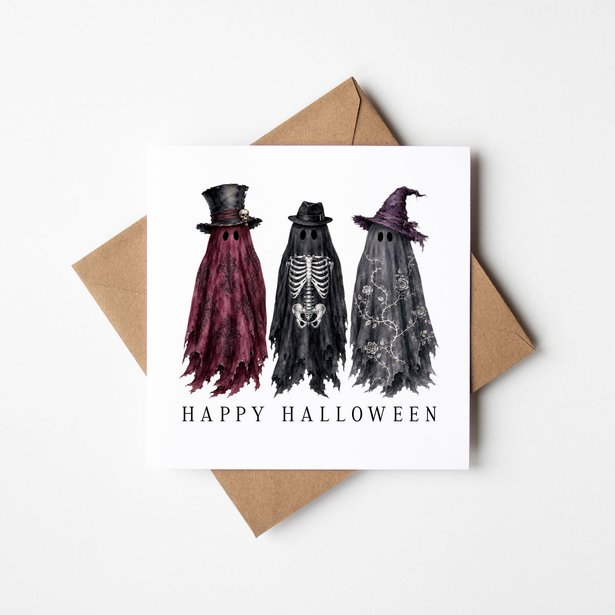 Halloween card Personalised fun spooky ghost trio gothic dark seasonal card with envelope