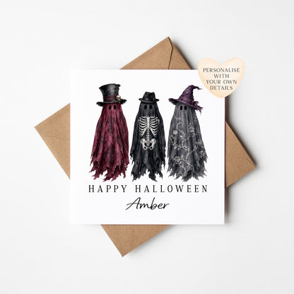Halloween card Personalised fun spooky ghost trio gothic dark seasonal card with envelope