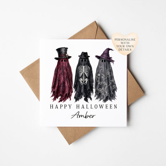 Halloween card Personalised fun spooky ghost trio gothic dark seasonal card with envelope
