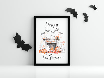 Happy Halloween home fireplace pumpkins orange white watercolour spooky unframed wall art poster print