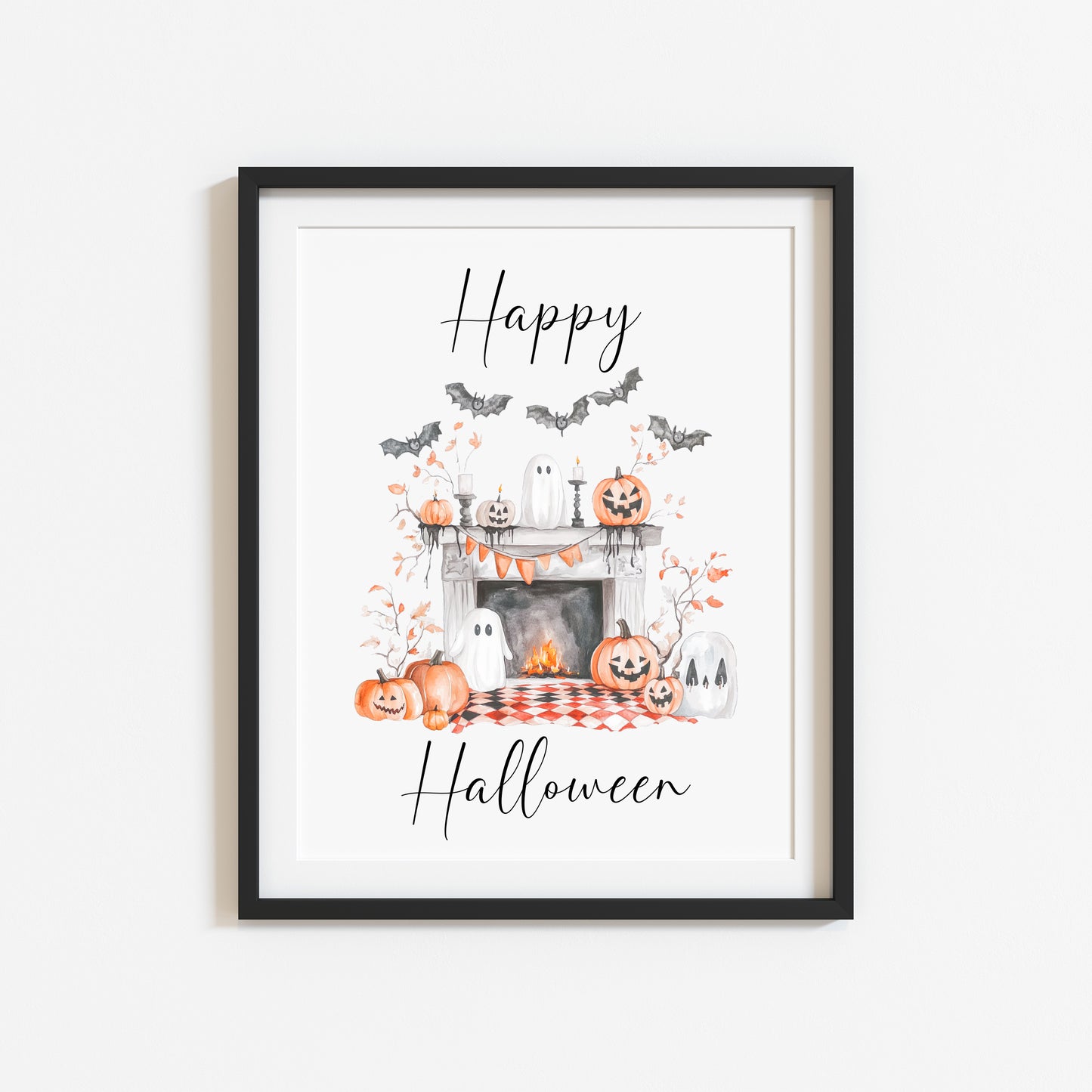 Happy Halloween home fireplace pumpkins orange white watercolour spooky unframed wall art poster print
