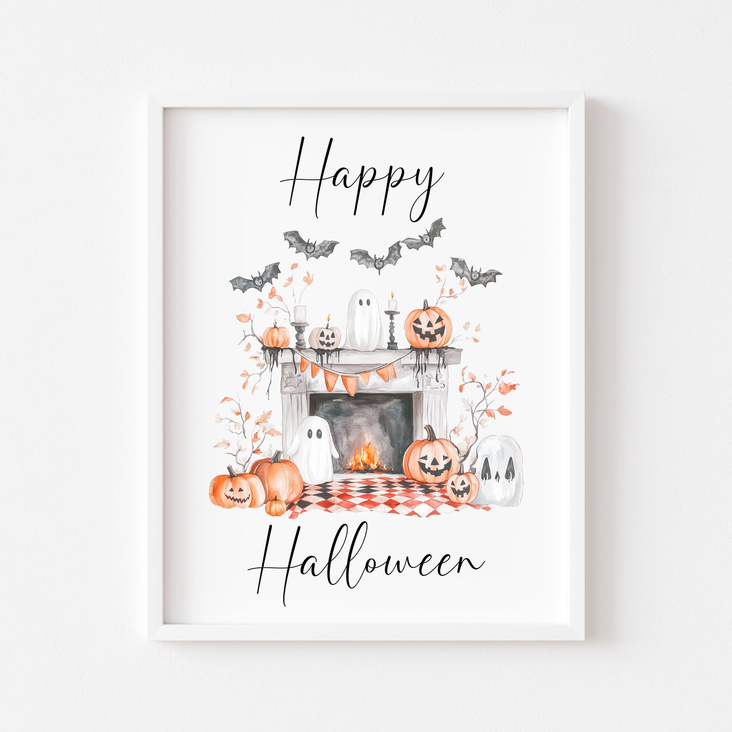 Happy Halloween home fireplace pumpkins orange white watercolour spooky unframed wall art poster print