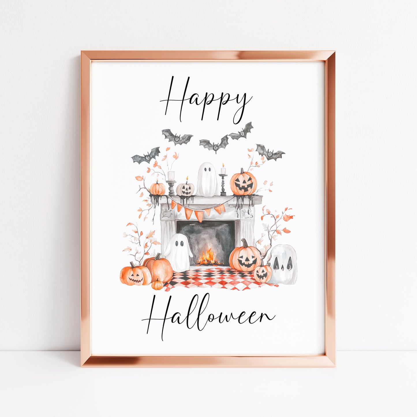 Happy Halloween home fireplace pumpkins orange white watercolour spooky unframed wall art poster print