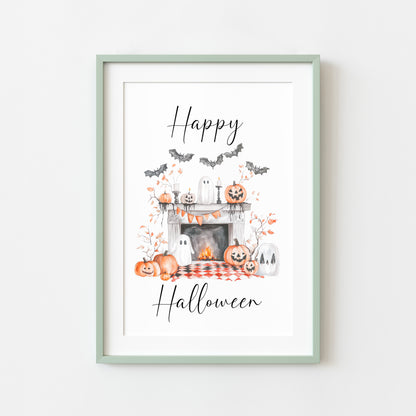 Happy Halloween home fireplace pumpkins orange white watercolour spooky unframed wall art poster print
