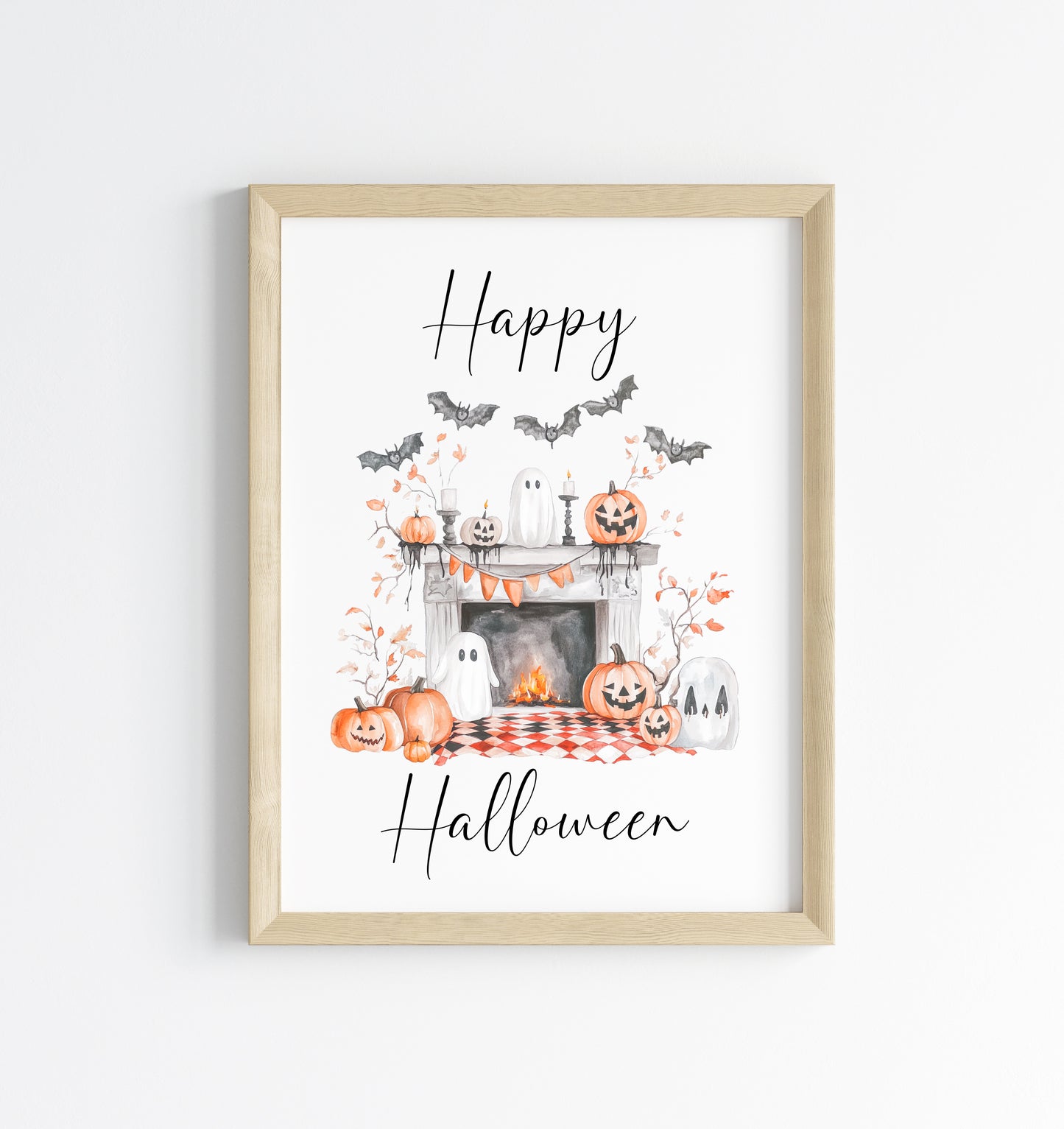 Happy Halloween home fireplace pumpkins orange white watercolour spooky unframed wall art poster print