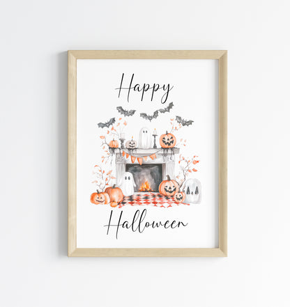Happy Halloween home fireplace pumpkins orange white watercolour spooky unframed wall art poster print