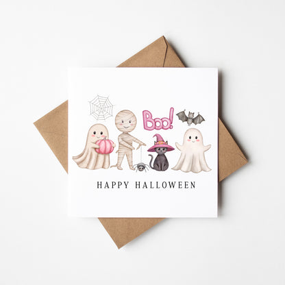 Halloween card, Happy Halloween cute pink spooky fun ghosts cat spiders bats mummy boo kids cute halloween seasonal card with envelope