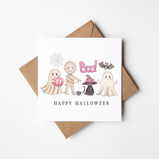 Halloween card, Happy Halloween cute pink spooky fun ghosts cat spiders bats mummy boo kids cute halloween seasonal card with envelope
