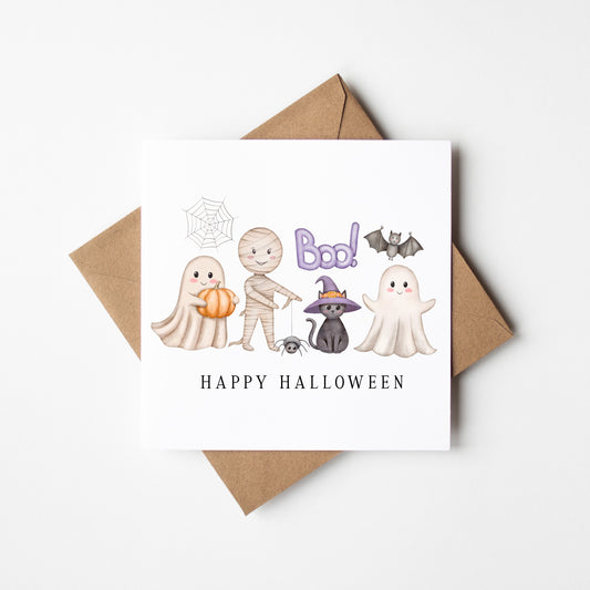 Halloween card, Happy Halloween cute purple spooky fun ghosts cat spiders bats mummy boo kids cute halloween seasonal card with envelope