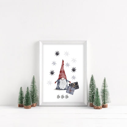 Ho Ho Ho watercolour Gnome/gonk and stars Christmas seasonal unframed wall art poster print
