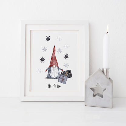 Ho Ho Ho watercolour Gnome/gonk and stars Christmas seasonal unframed wall art poster print