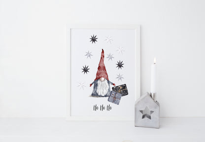 Ho Ho Ho watercolour Gnome/gonk and stars Christmas seasonal unframed wall art poster print