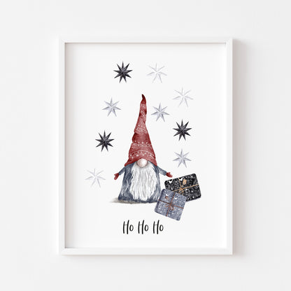 Ho Ho Ho watercolour Gnome/gonk and stars Christmas seasonal unframed wall art poster print